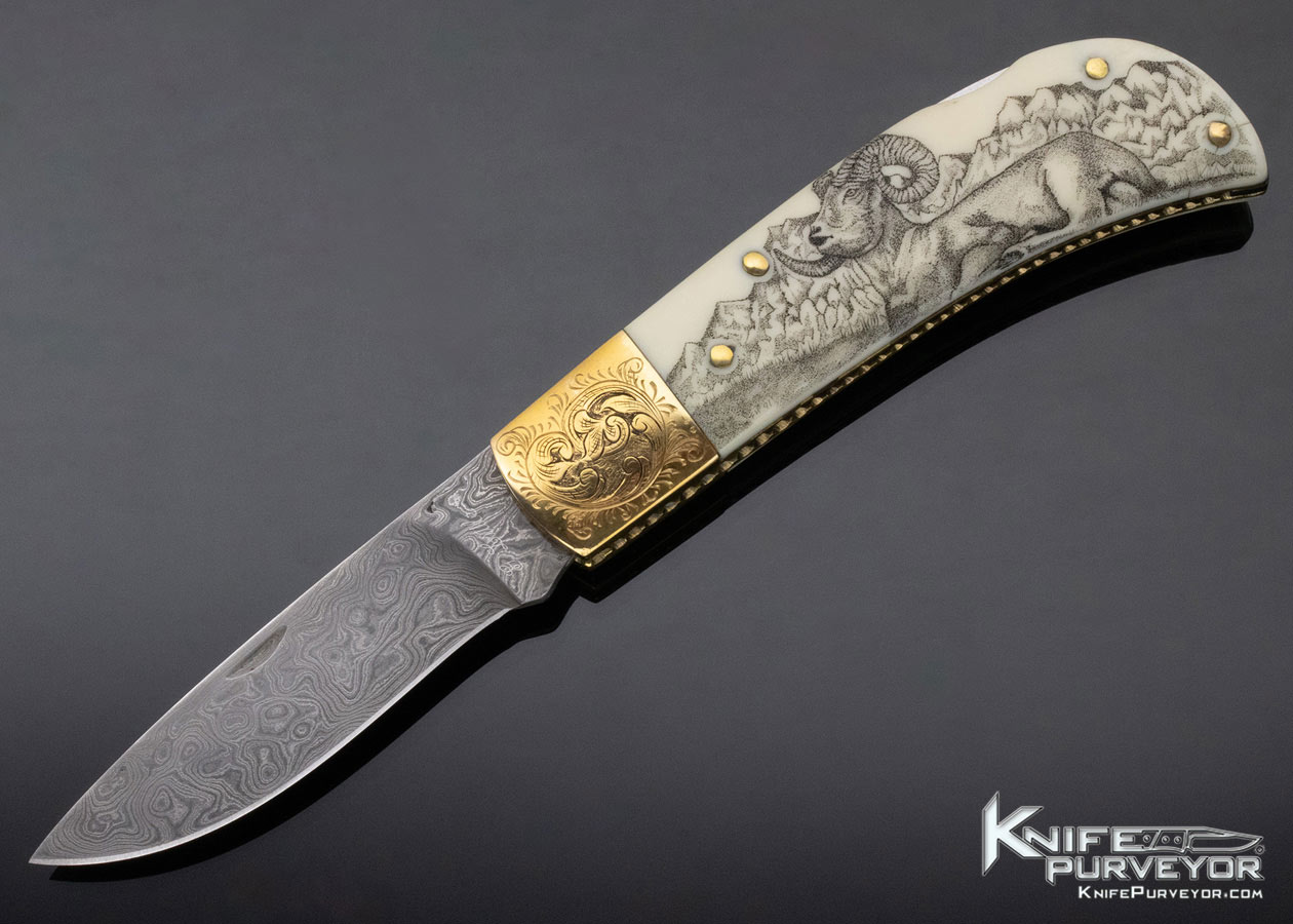 Un Known Custom Knife Damascus Engraved Brass Bolster Scrimshawed Big Horn Sheep 12276