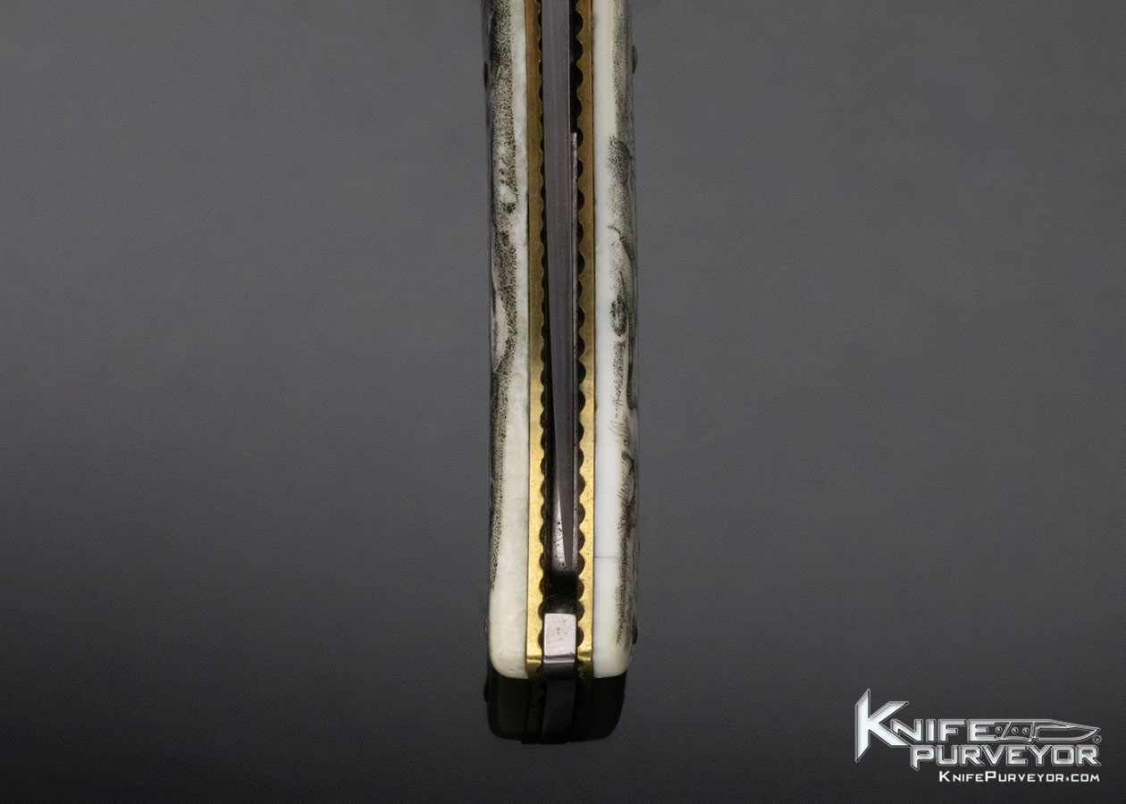 G. Little Custom Knife Damascus Engraved Brass Bolster Scrimshawed Fossilized Walrus Lockback - Image 8