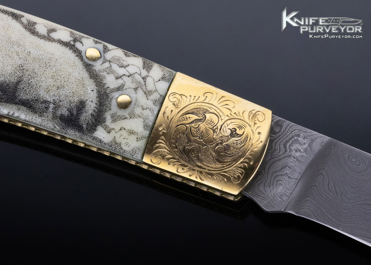G. Little Custom Knife Damascus Engraved Brass Bolster Scrimshawed Fossilized Walrus Lockback - Image 4