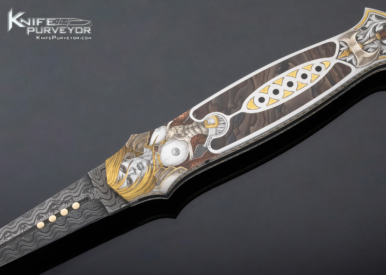Warren Osborne Custom Knife Jon Robyn Engraved Lockback Automatic Model 34 Dagger with Mike Norris Ladder Pattern Damascus - Image 2