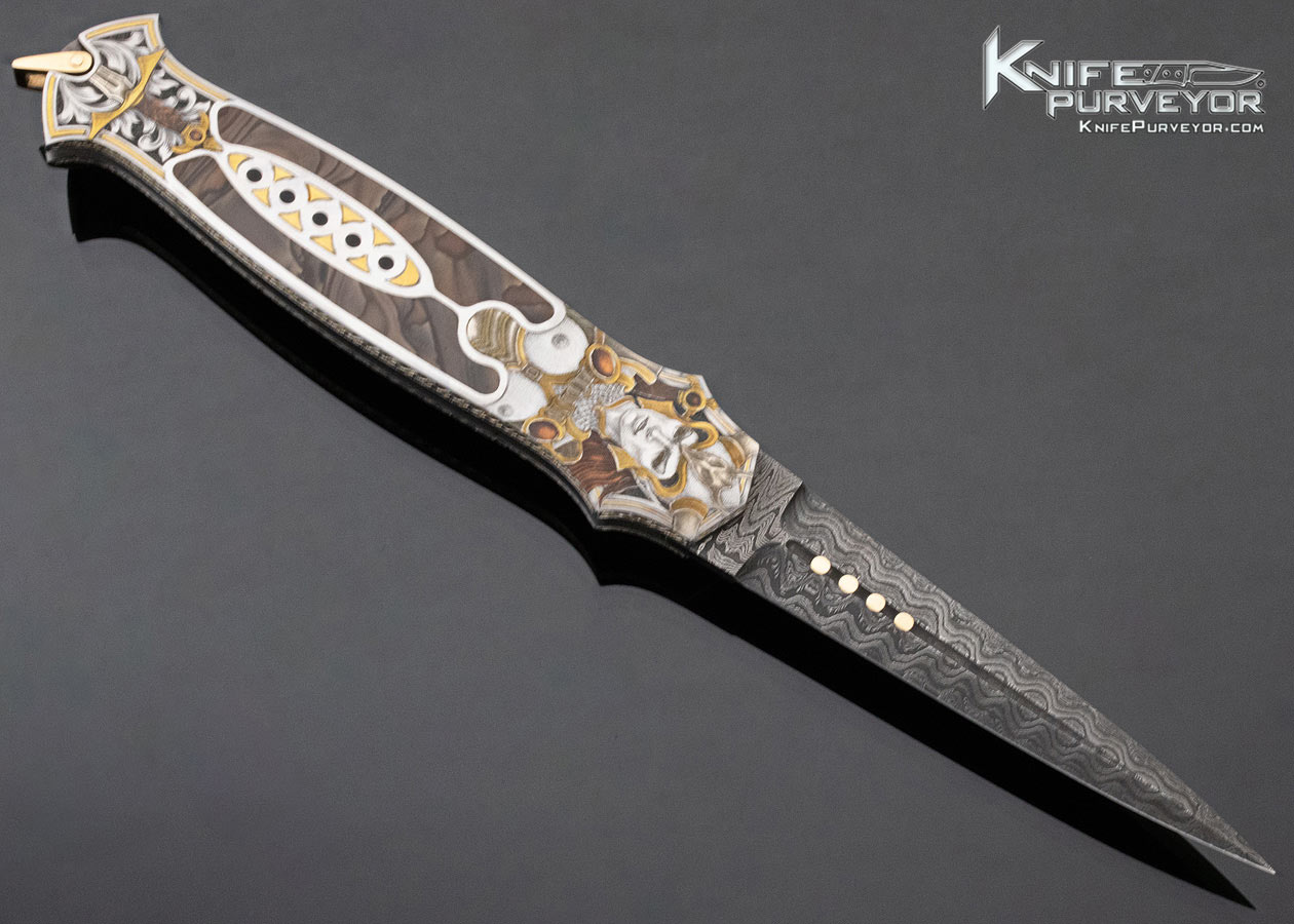 Warren Osborne Custom Knife Jon Robyn Engraved Lockback Automatic Model 34 Dagger with Mike Norris Ladder Pattern Damascus - Image 3