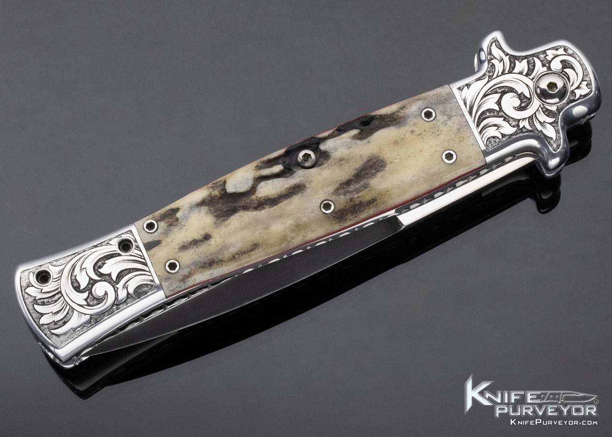 Pat Crawford Custom Knife Engraved Aluminum Frame Stag Scale Release Automatic - Image 5
