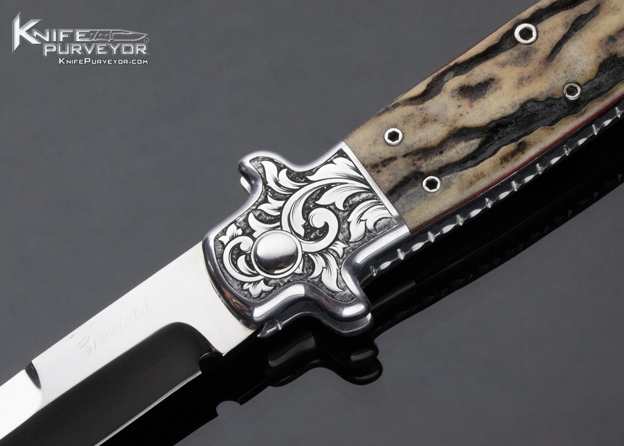 Pat Crawford Custom Knife Engraved Aluminum Frame Stag Scale Release Automatic - Image 2