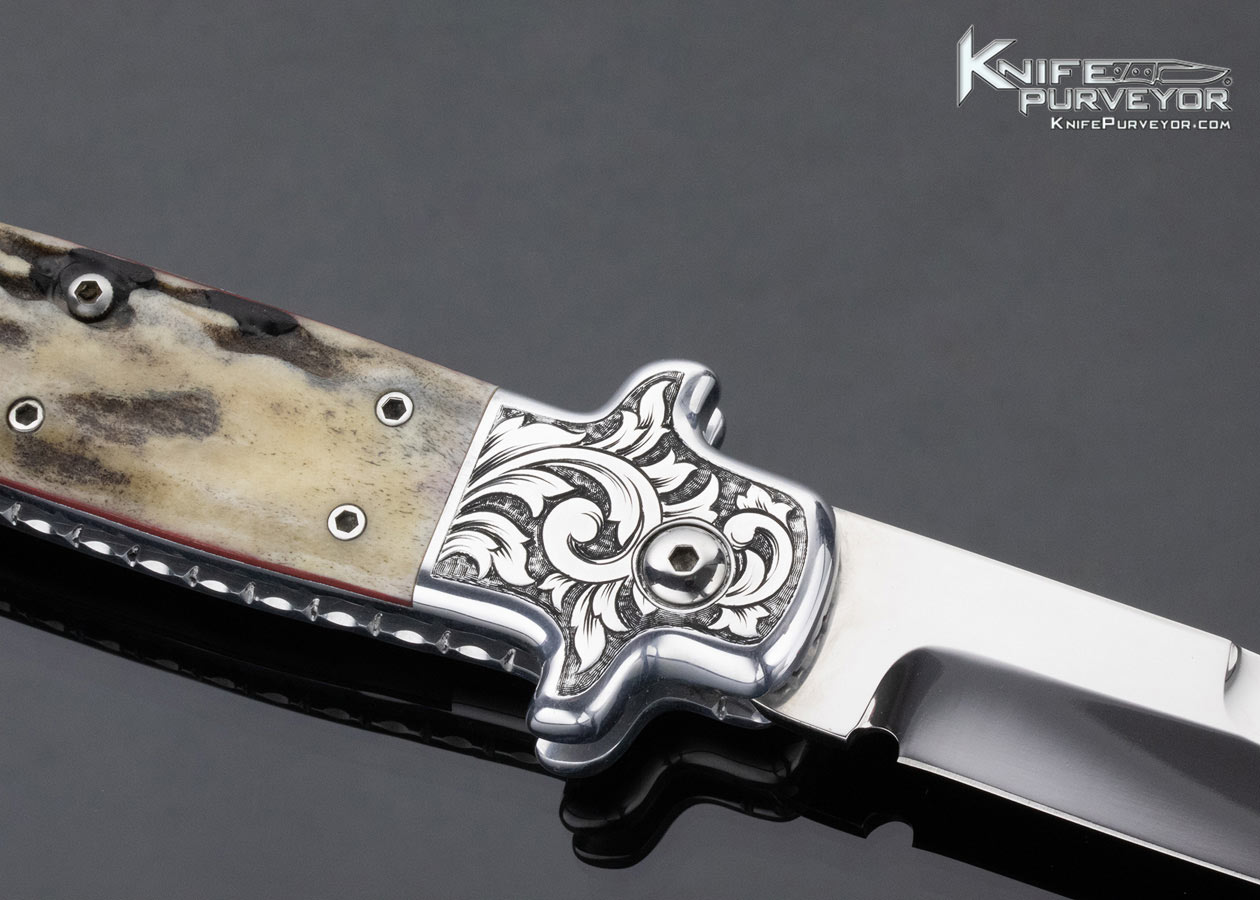 Pat Crawford Custom Knife Engraved Aluminum Frame Stag Scale Release Automatic - Image 4