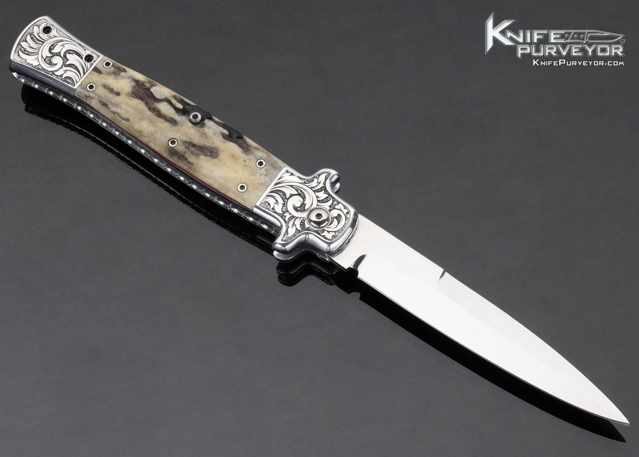 Pat Crawford Custom Knife Engraved Aluminum Frame Stag Scale Release Automatic - Image 3