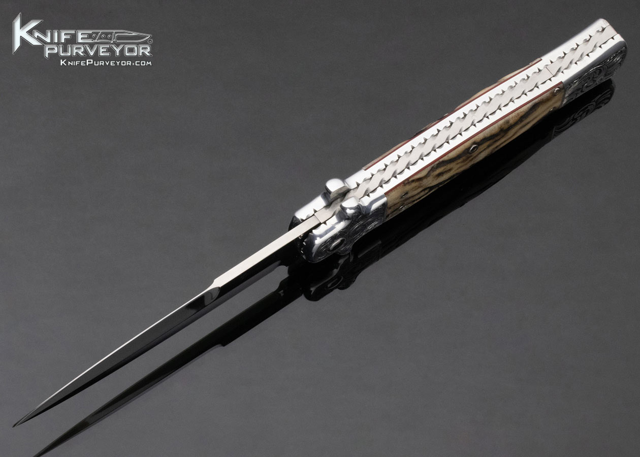 Pat Crawford Custom Knife Engraved Aluminum Frame Stag Scale Release Automatic - Image 6