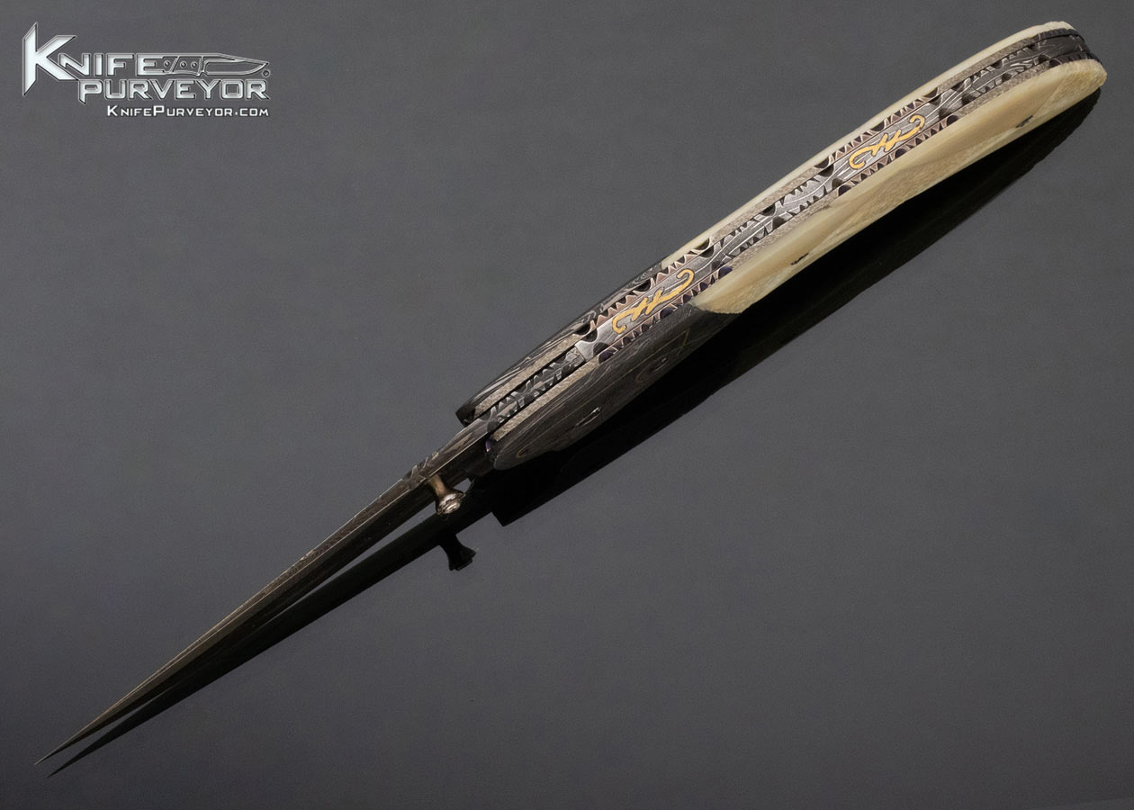 Rick Dunkerley Custom Knife Carved Mammoth and Damascus Linerlock - Image 6