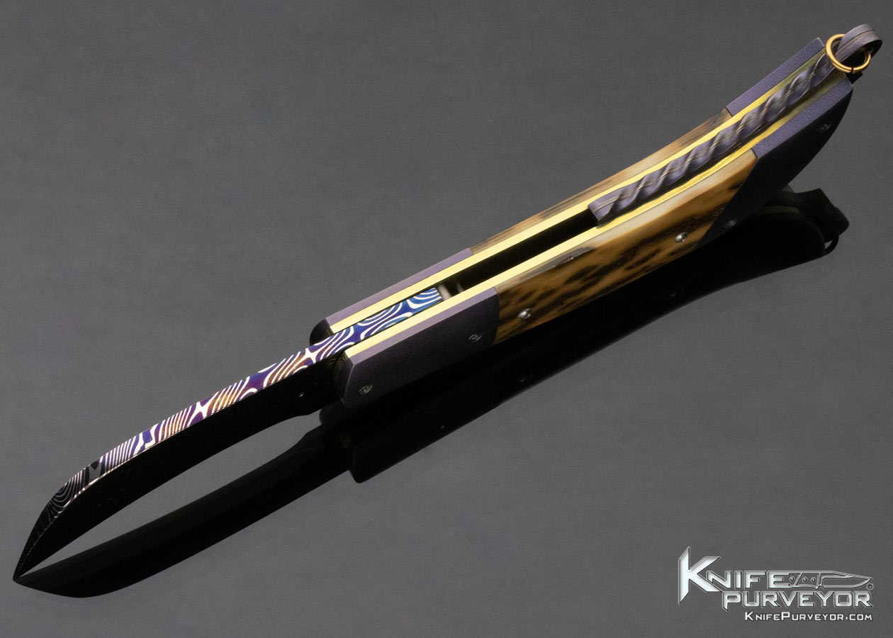 "Van" Custom Knife Blued Damascus Hawkbill with Purple Anodized Bolsters & Mammoth Linerlock - Image 6