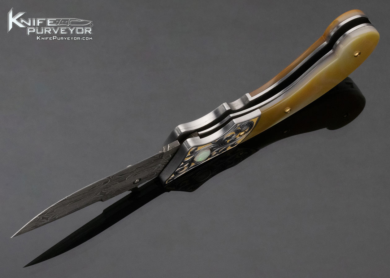 Jot Singh Khalsa Custom Knife Barry Lee Hands Engraved South Sea Gold Lip Pearl and Damascus Linerlock with Gold Accents - Image 7