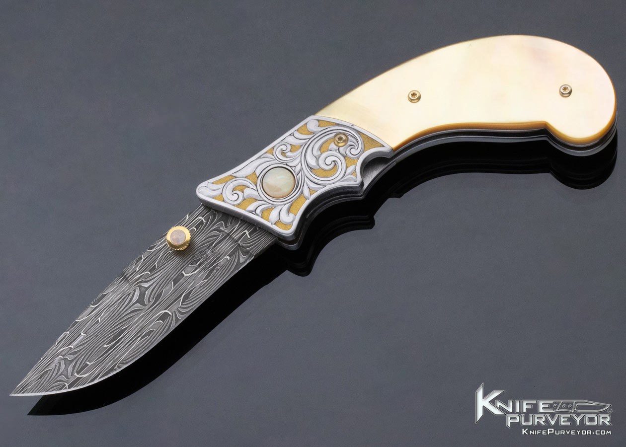 Jot Singh Khalsa Custom Knife Barry Lee Hands Engraved South Sea Gold Lip Pearl and Damascus Linerlock with Gold Accents 12618