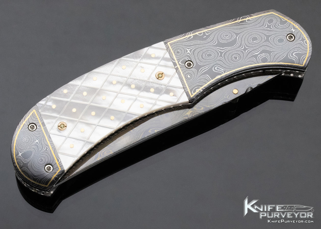 Jerry Corbit Custom Knife Piqued Mother of Pearl Shell "Persian Delight" Blued Devin Thomas Rain Drop Pattern Damascus Linerlock with Gold Accents - Image 5