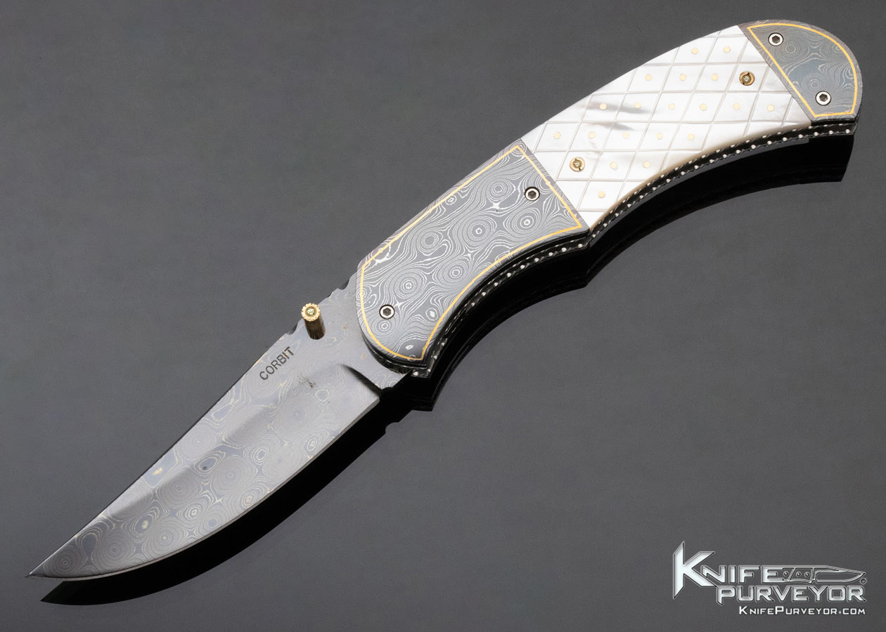 Jerry Corbit Custom Knife Piqued Mother of Pearl Shell "Persian Delight" Blued Devin Thomas Rain Drop Pattern Damascus Linerlock with Gold Accents 12613