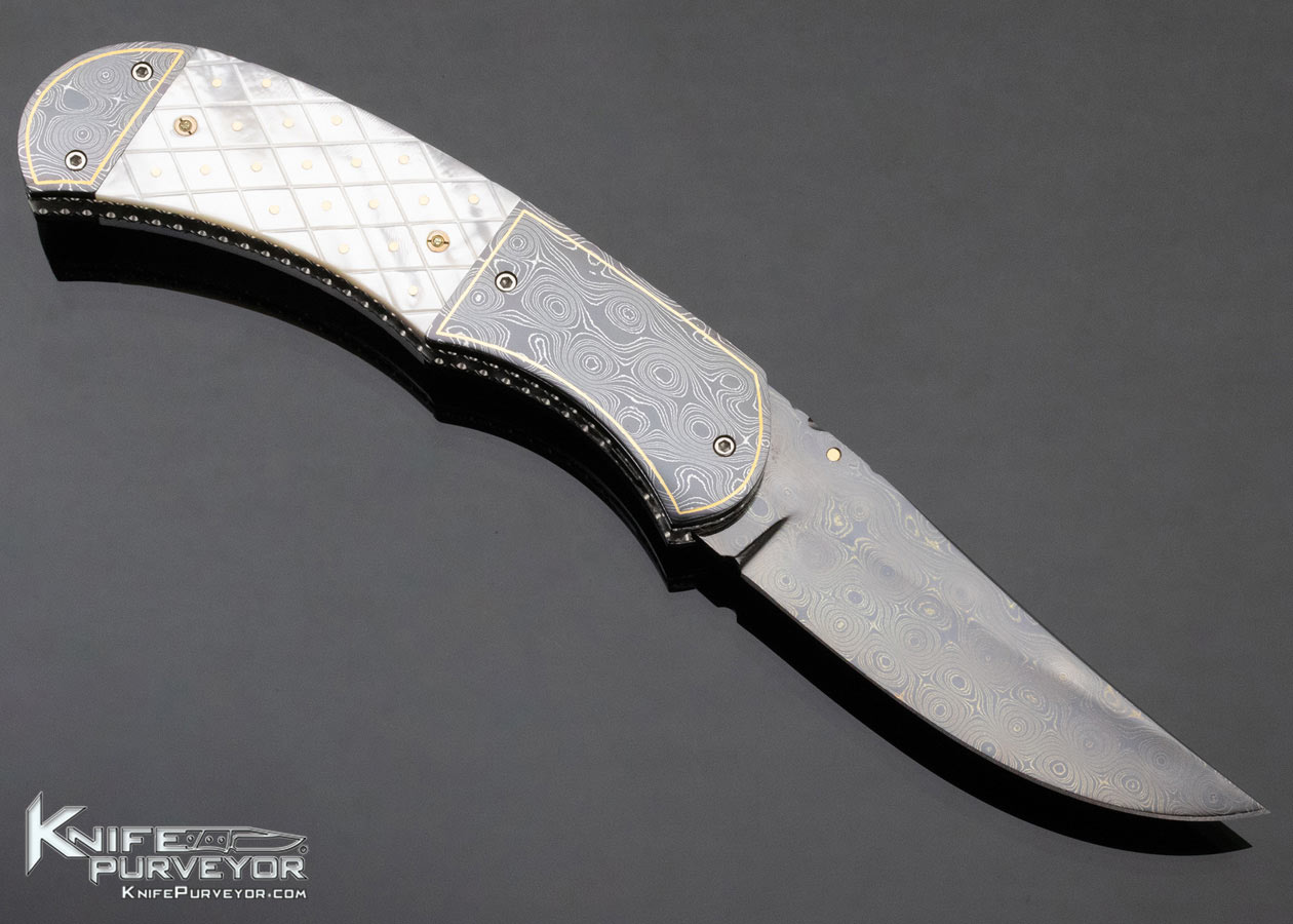 Jerry Corbit Custom Knife Piqued Mother of Pearl Shell "Persian Delight" Blued Devin Thomas Rain Drop Pattern Damascus Linerlock with Gold Accents - Image 3
