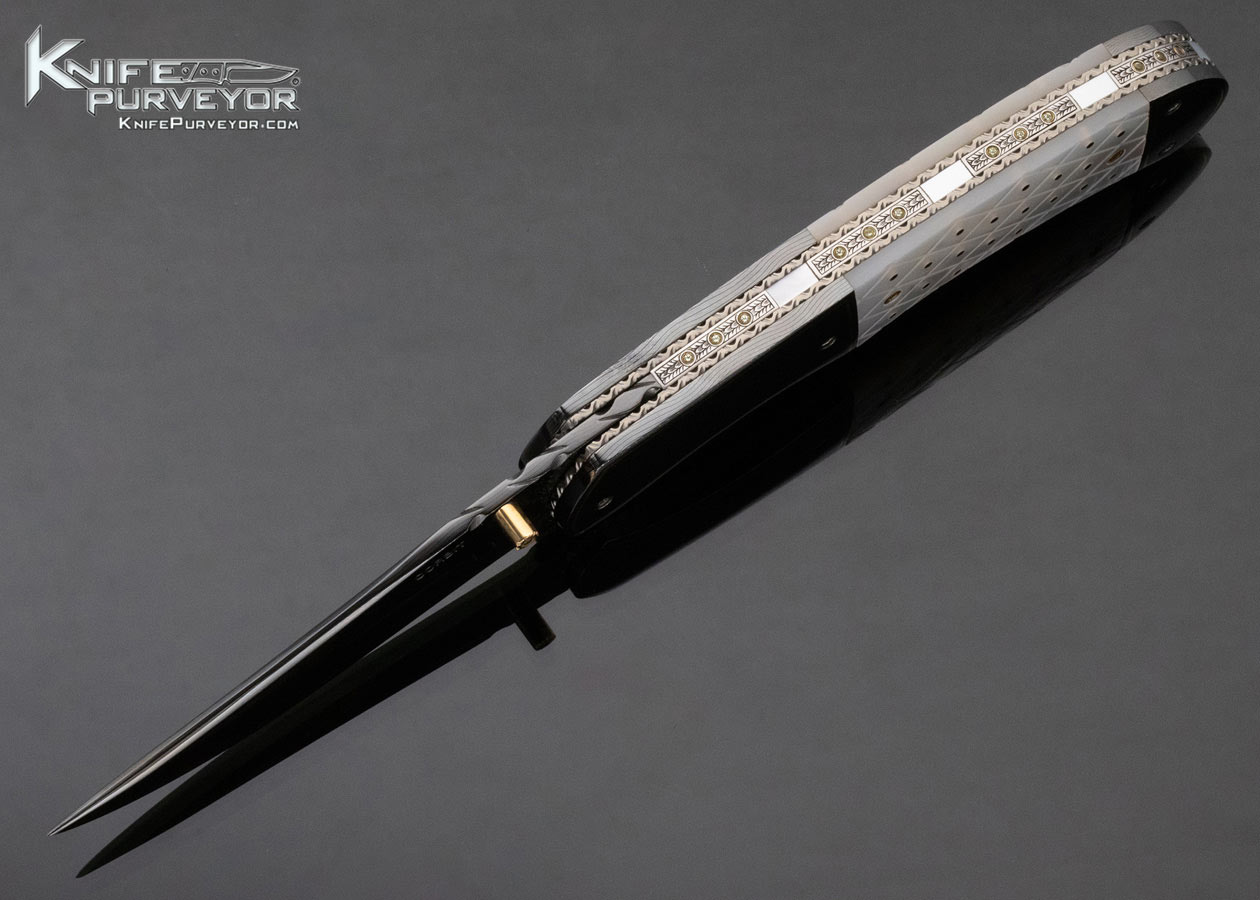 Jerry Corbit Custom Knife Piqued Mother of Pearl Shell "Persian Delight" Blued Devin Thomas Rain Drop Pattern Damascus Linerlock with Gold Accents - Image 6