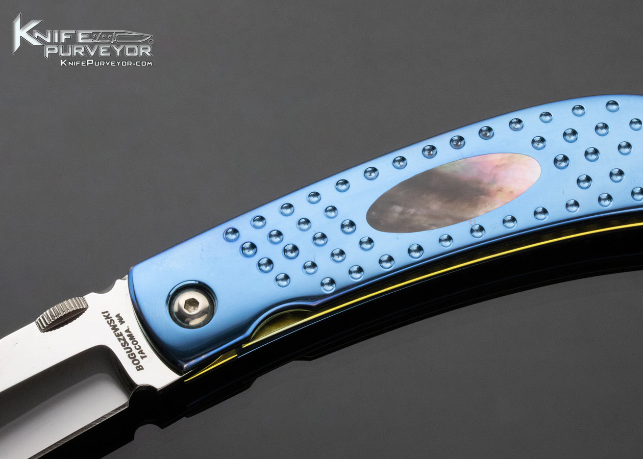 Phil Boguszewski Custom Knife Blue Anodized Titanium Black Lip Pearl Interframe Linerlock #1 - Image 2