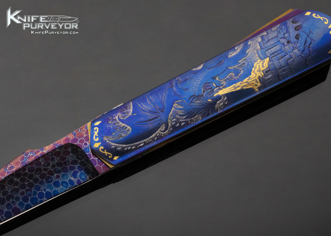 Claudio Riboni Custom Knife Daniele Pozzi Carved Blue Dragon Linerlock with Dragonskin Damascus - Image 2