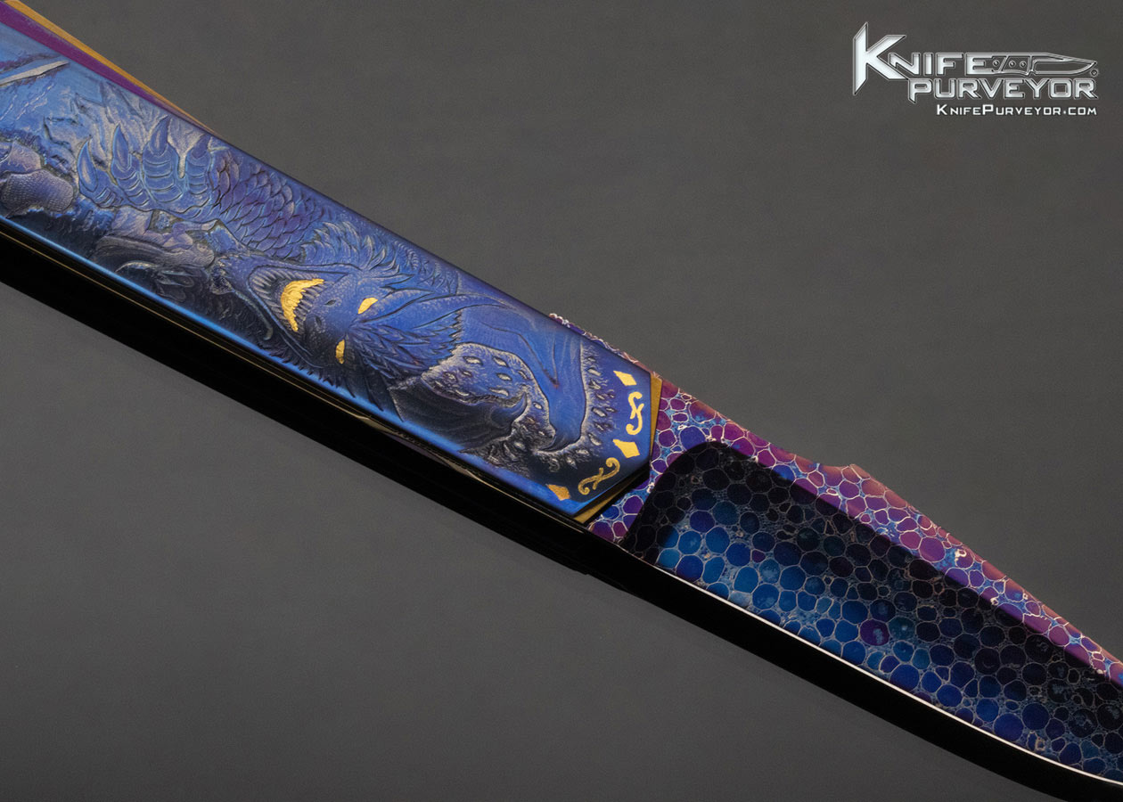 Claudio Riboni Custom Knife Daniele Pozzi Carved Blue Dragon Linerlock with Dragonskin Damascus - Image 4