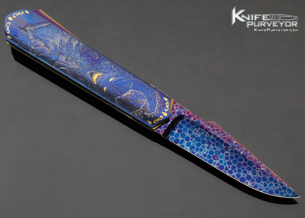 Claudio Riboni Custom Knife Daniele Pozzi Carved Blue Dragon Linerlock with Dragonskin Damascus - Image 3