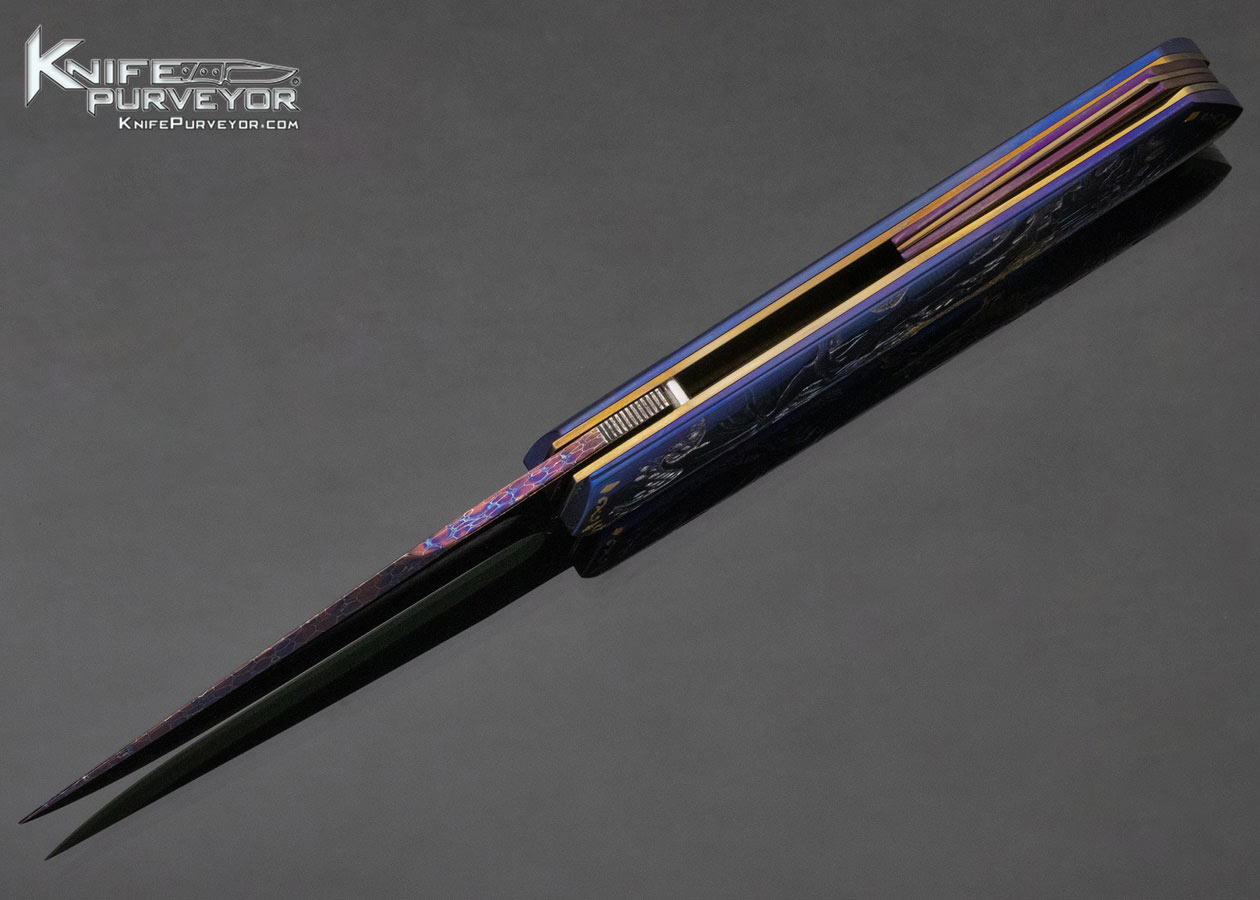 Claudio Riboni Custom Knife Daniele Pozzi Carved Blue Dragon Linerlock with Dragonskin Damascus - Image 6
