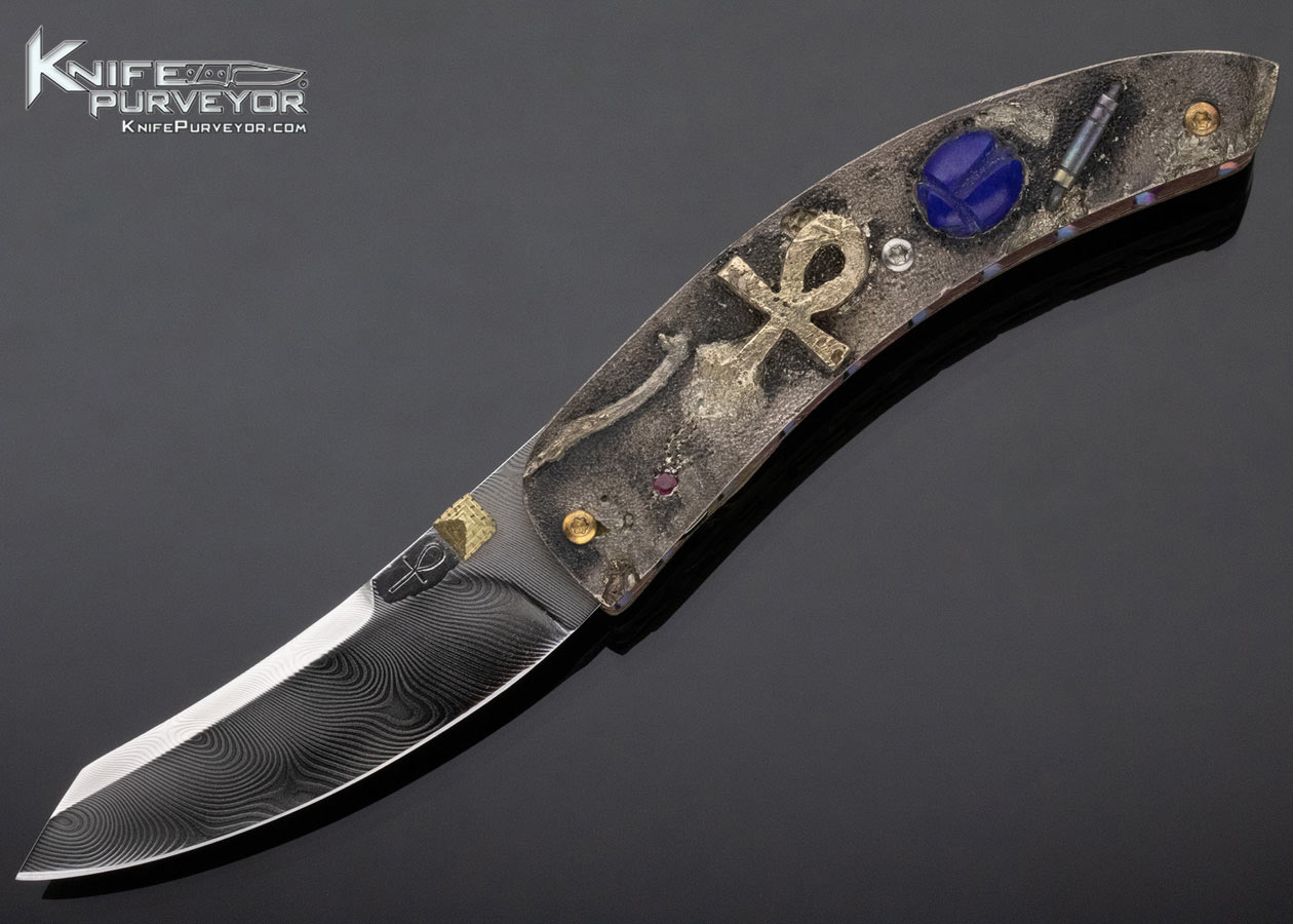 Glen Waters Custom Knife Damasteel Carved Egyptian Linerlock 12694