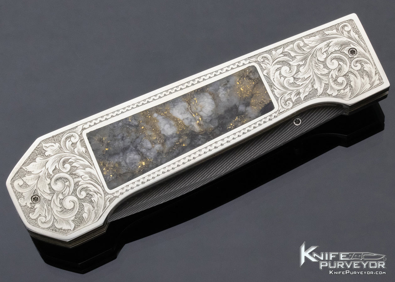 Jim Sornberger Custom Knife Damascus Bladed Sole Authorship Engraved Gold Quartz Interframe Linerlock - Image 5
