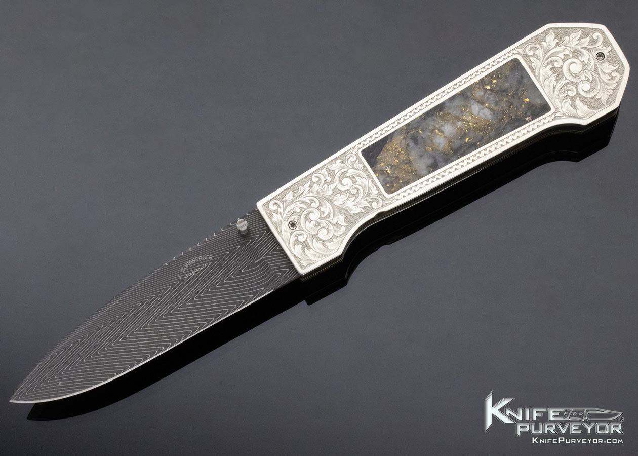 Jim Sornberger Custom Knife Sole Authorship Engraved Gold Quartz Interframe Damascus Linerlock 12701