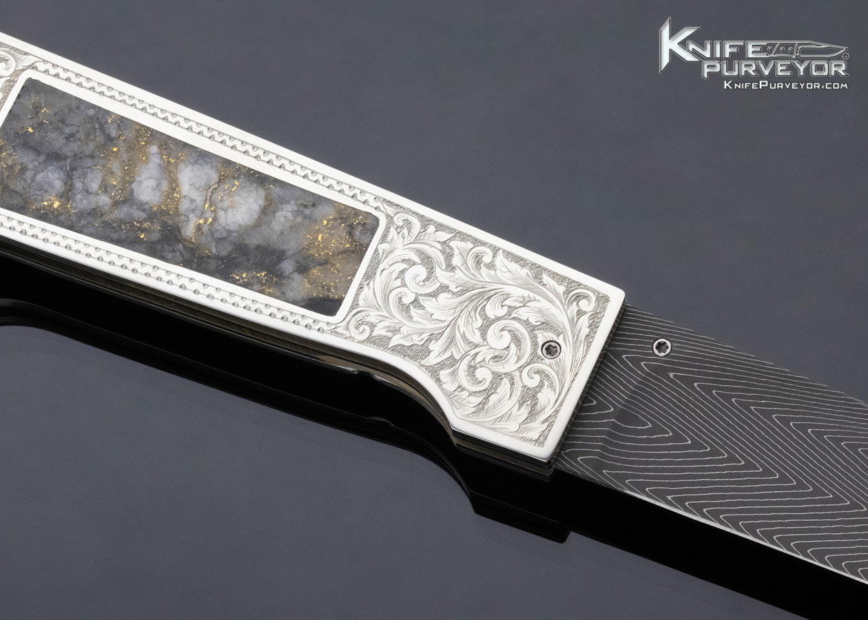 Jim Sornberger Custom Knife Damascus Bladed Sole Authorship Engraved Gold Quartz Interframe Linerlock - Image 4