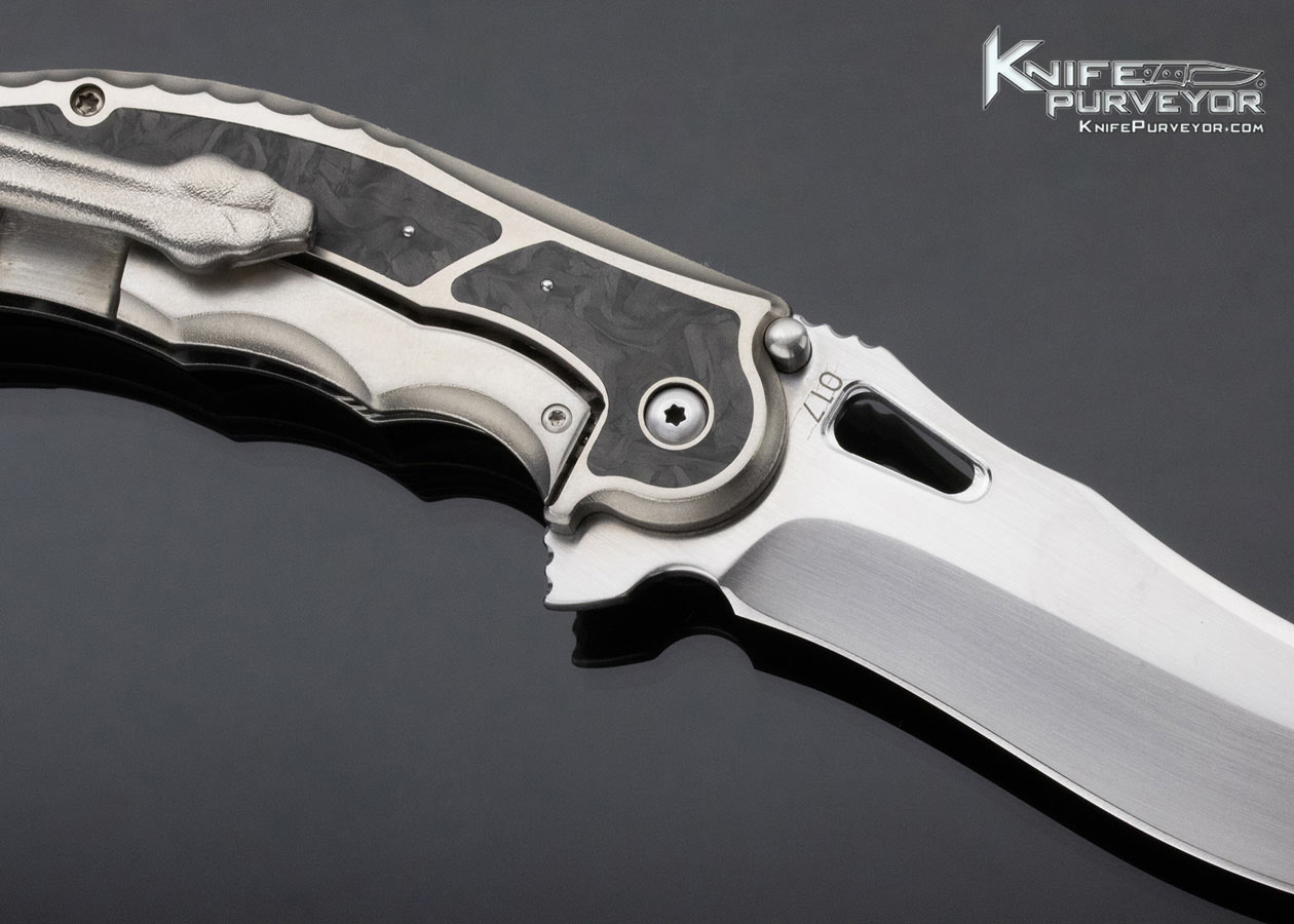 Rick Lala Custom Knife Purple Anodized Titanium Frame Lock Flipper Engraved by Rudy Lala with Marble Carbon Fiber - Image 4