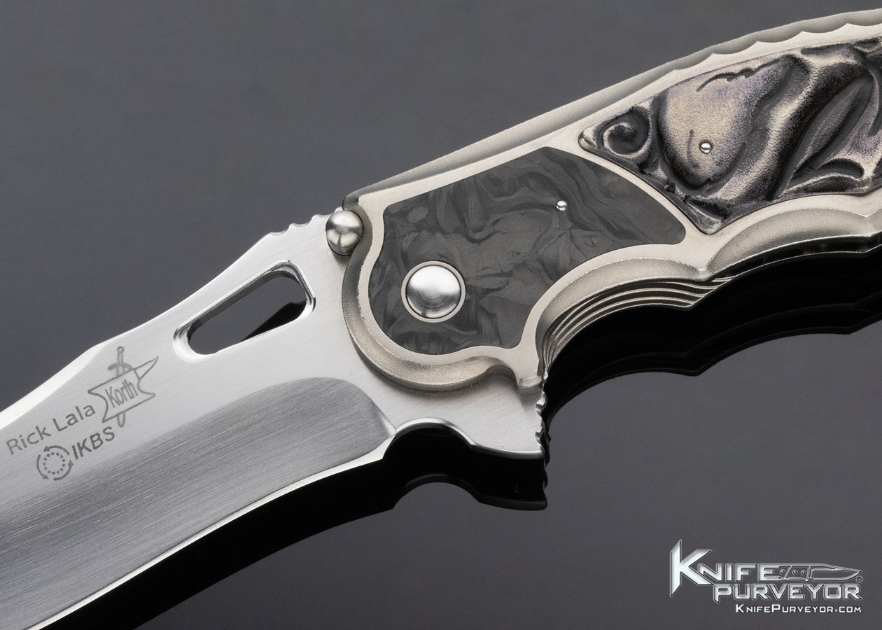 Rick Lala Custom Knife Purple Anodized Titanium Frame Lock Flipper Engraved by Rudy Lala with Marble Carbon Fiber - Image 2
