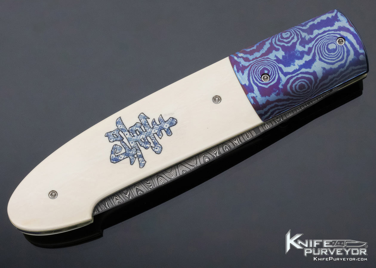 Stan Fujisaka Custom Knife "The Blue Dragon" Linerlock Scrimshawed by Linda Karst Stone Linerlock - Image 5