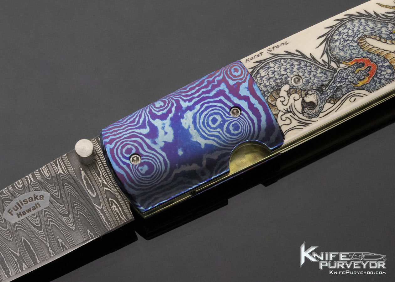 Stan Fujisaka Custom Knife "The Blue Dragon" Linerlock Scrimshawed by Linda Karst Stone Linerlock - Image 2