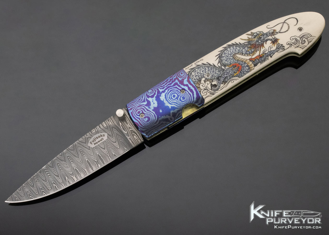 Stan Fujisaka Custom Knife "Dragon Spirit" Scrimshawed by Linda Karst Stone Linerlock 12696