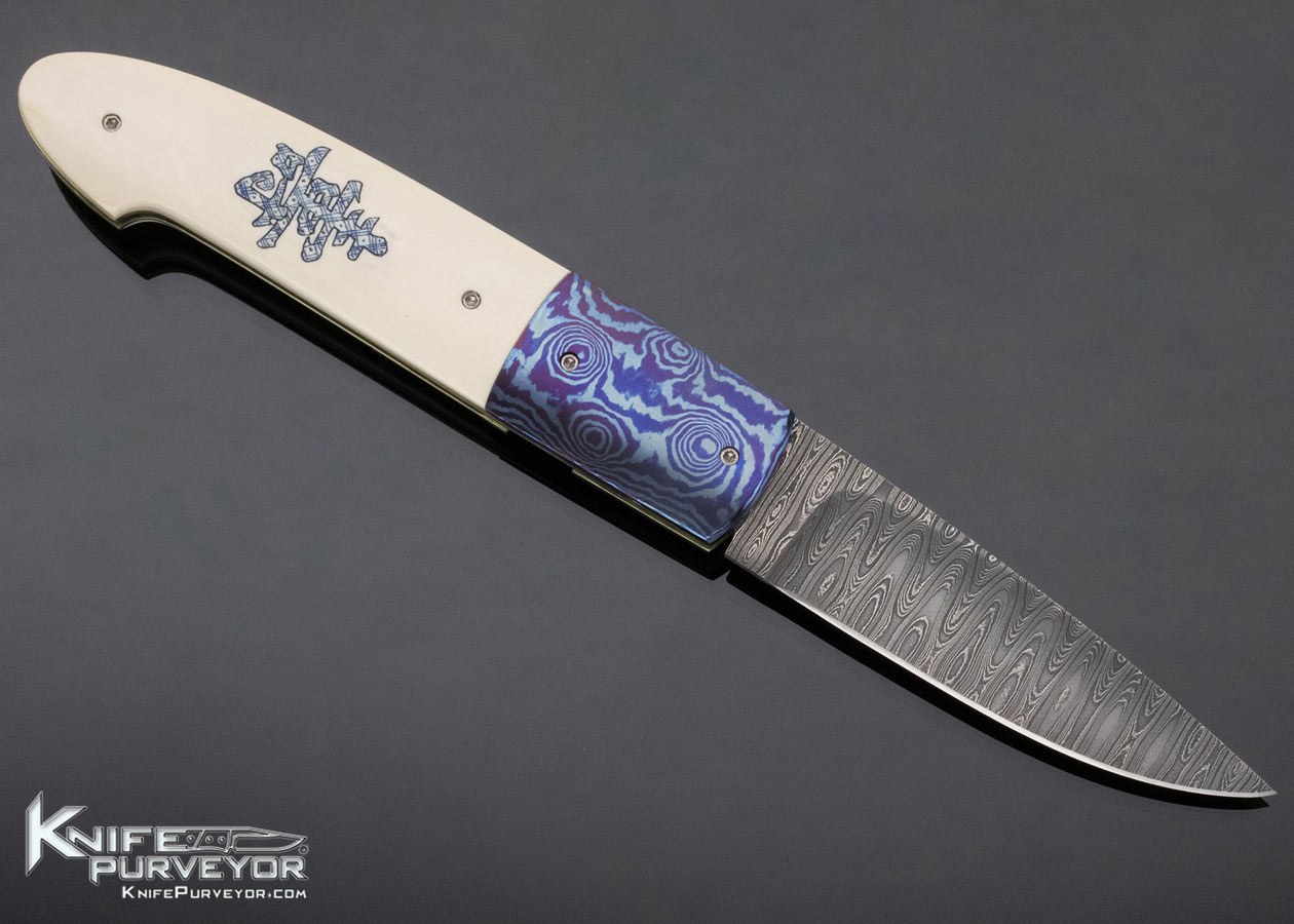 Stan Fujisaka Custom Knife "The Blue Dragon" Linerlock Scrimshawed by Linda Karst Stone Linerlock - Image 3