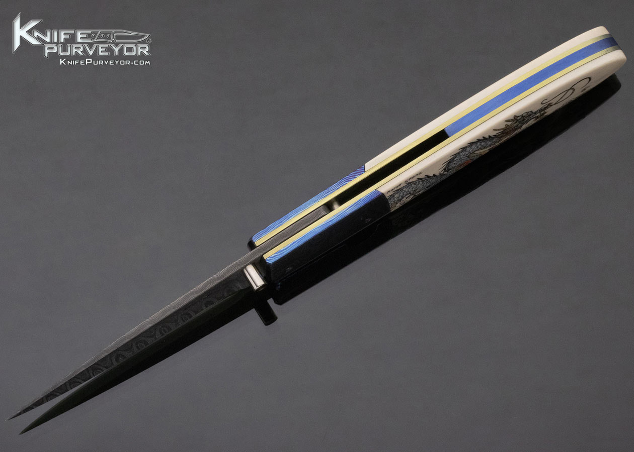 Stan Fujisaka Custom Knife "The Blue Dragon" Linerlock Scrimshawed by Linda Karst Stone Linerlock - Image 6