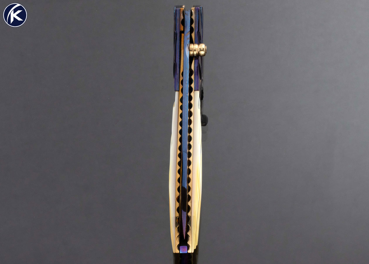 Suchat Jangtanong Custom Knife Blued Damascus Carved South Sea Gold Lip Pearl Linerlock 16775