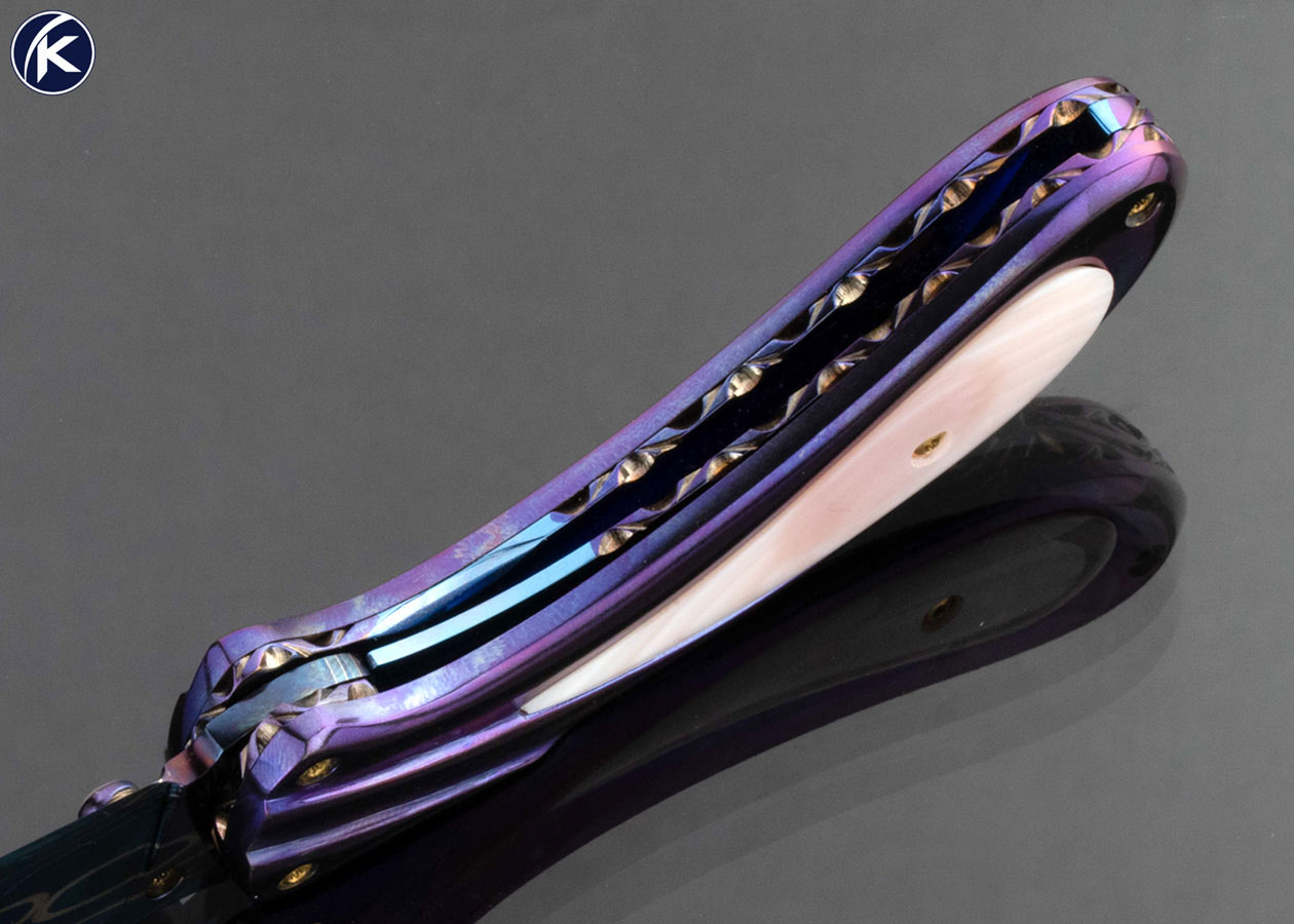 Suchat Jangtanong Custom Knife Blued Damascus with Blued Frame and Pink Mother of Pearl Shell - Image 5
