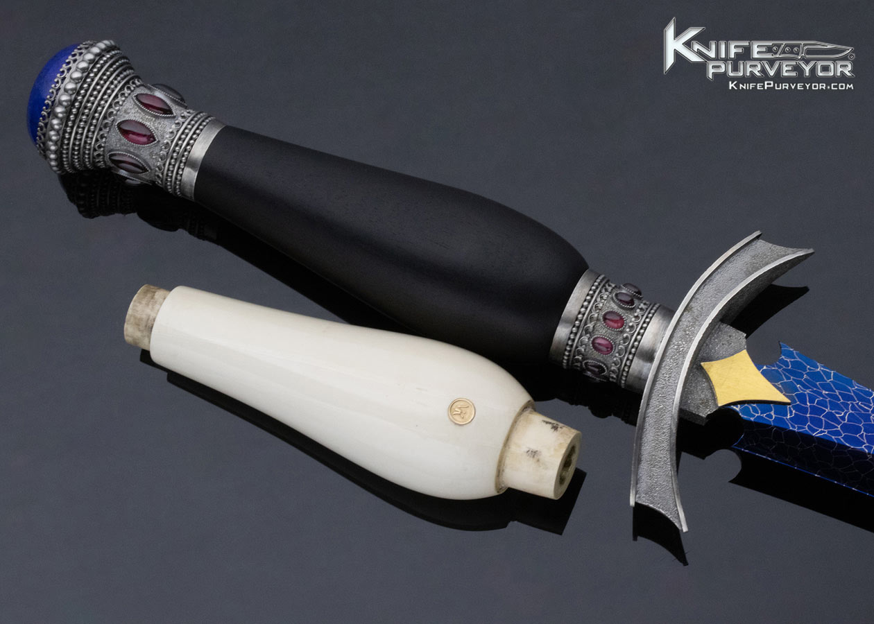 Valdimir Kolenko Custom Knife with Ebony Handle Bertie Rietveld Damascus Sterling Silver w 18 Kt. Gold Red Garnet and Lapis Wasp Blade Dagger - Image 8