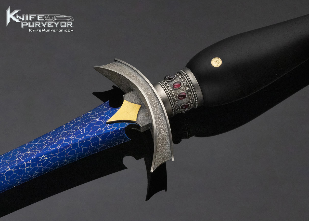 Valdimir Kolenko Custom Knife with Ebony Handle Bertie Rietveld Damascus Sterling Silver w 18 Kt. Gold Red Garnet and Lapis Wasp Blade Dagger - Image 2