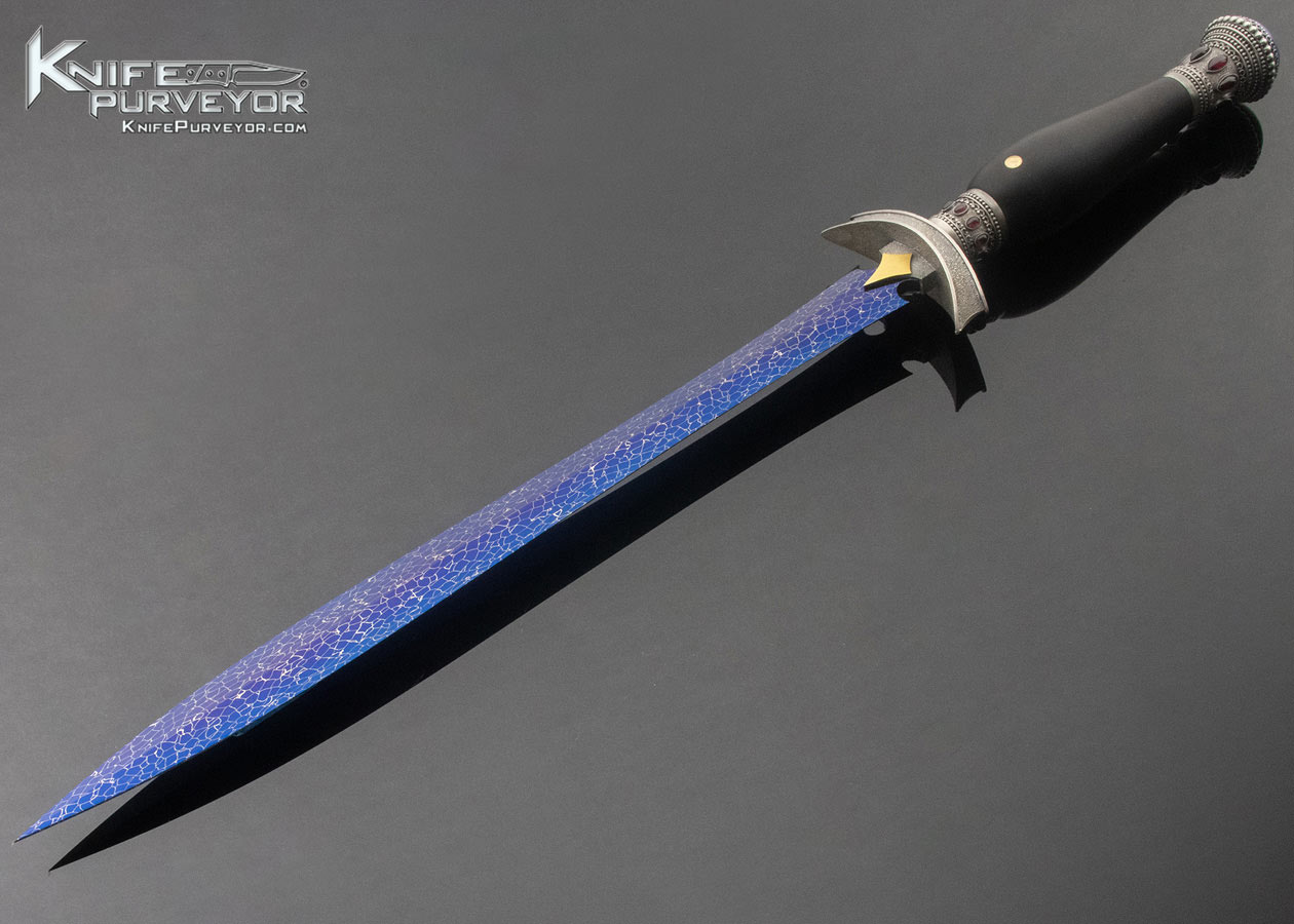 Valdimir Kolenko Custom Knife with Ebony Handle Bertie Rietveld Damascus Sterling Silver w 18 Kt. Gold Red Garnet and Lapis Wasp Blade Dagger 12705