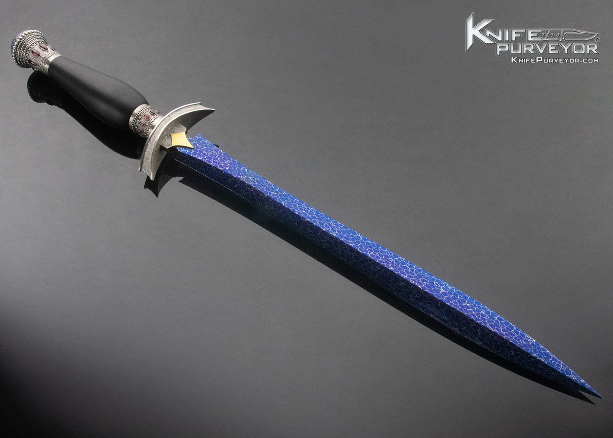 Valdimir Kolenko Custom Knife with Ebony Handle Bertie Rietveld Damascus Sterling Silver w 18 Kt. Gold Red Garnet and Lapis Wasp Blade Dagger - Image 3