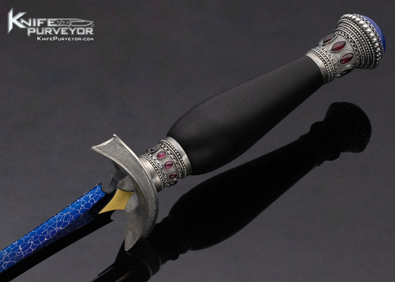 Valdimir Kolenko Custom Knife with Ebony Handle Bertie Rietveld Damascus Sterling Silver w 18 Kt. Gold Red Garnet and Lapis Wasp Blade Dagger - Image 6
