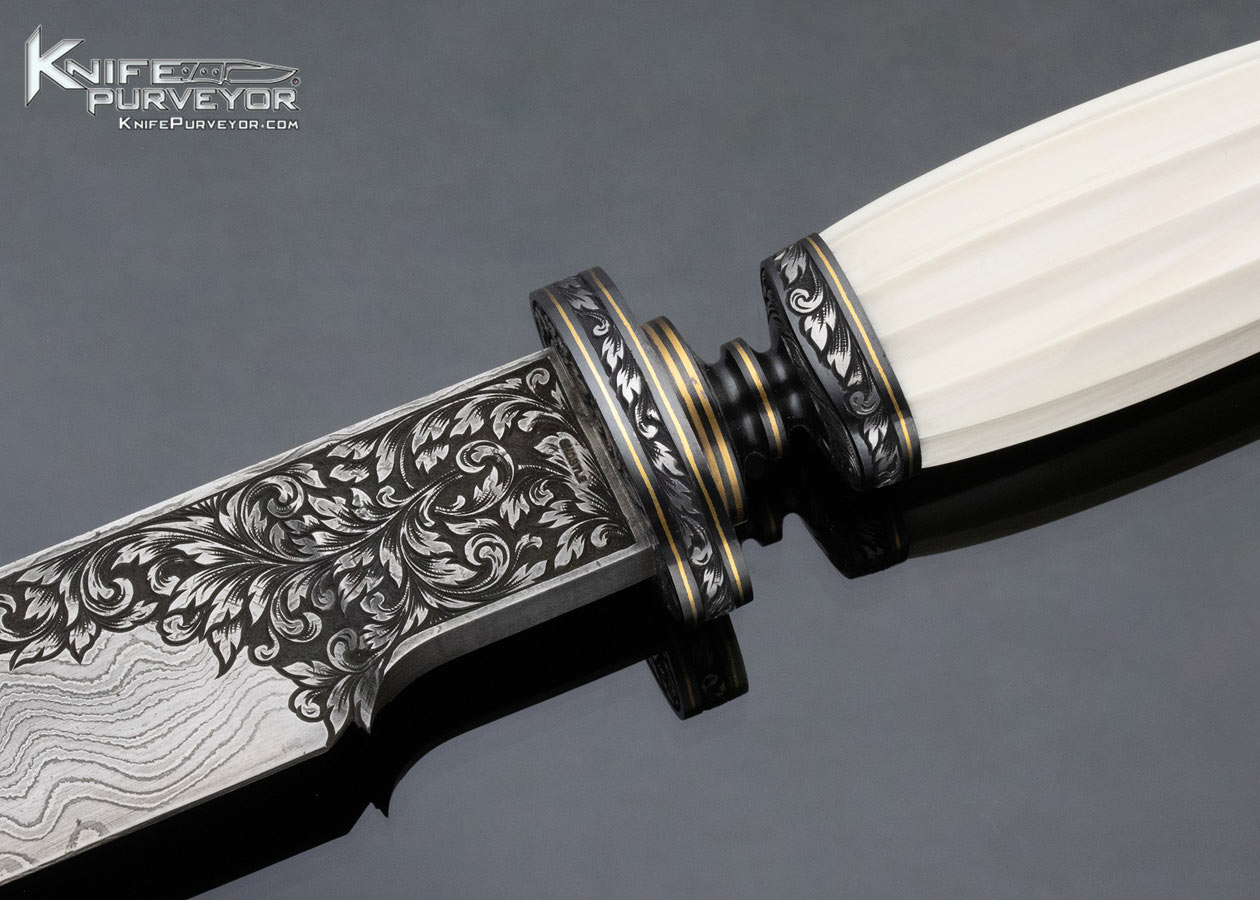 Ben Shostle Custom Knife Sole Authorship Engraved Fluted Damascus Bowie - Image 2