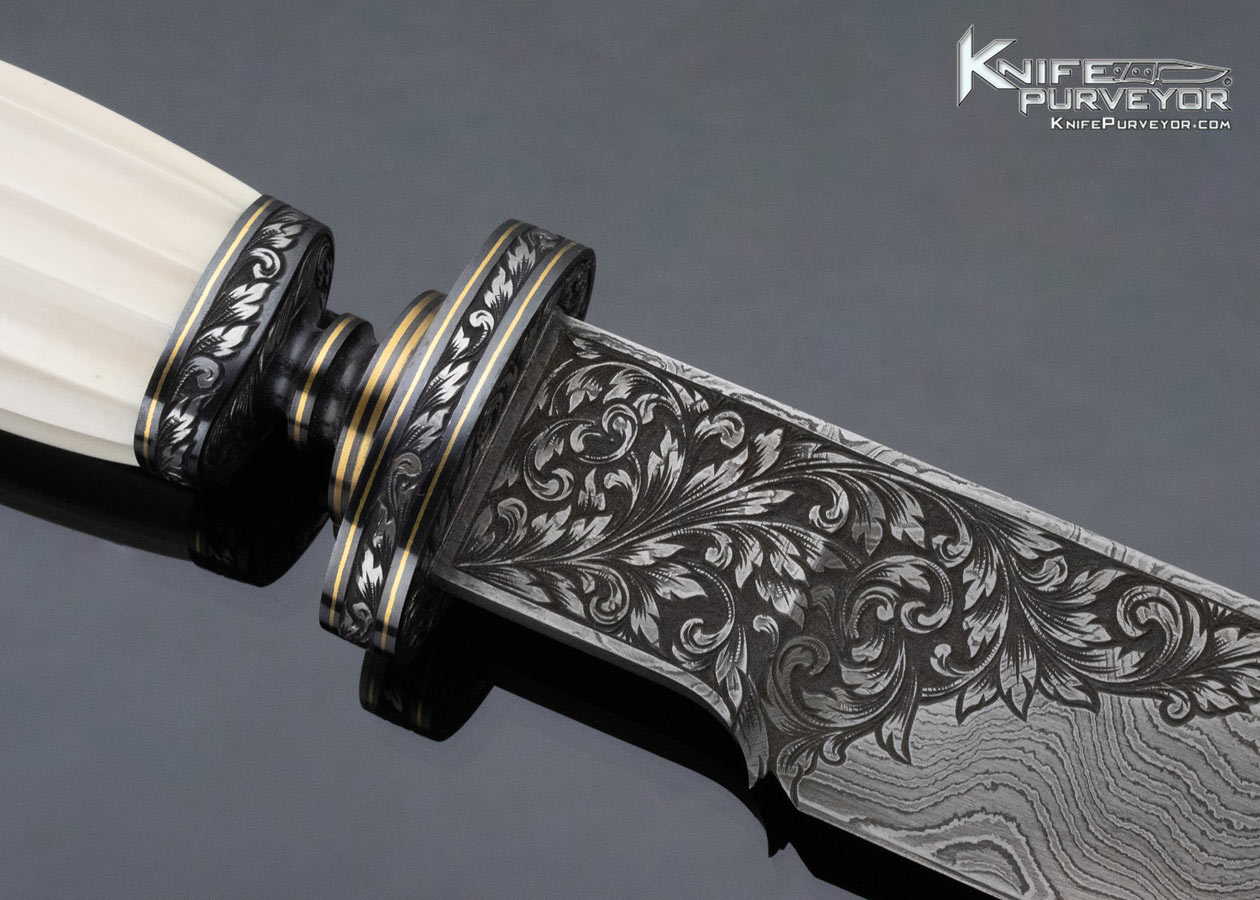Ben Shostle Custom Knife Sole Authorship Engraved Fluted Damascus Bowie - Image 4