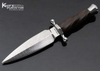 Bill Moran Custom Knife Sole Authorship Damascus Quillon Dagger with Fine Silver Wire Inlaid Fluted Wood and Carved Guard and Pommel 17705