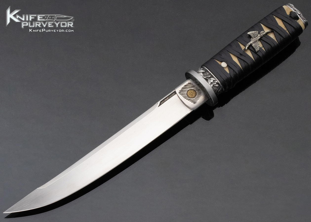Jim Sornberger Custom Knife Leather Wrapped Tanto with Flying Crane 12889