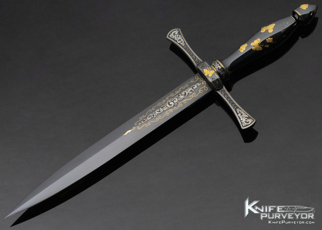 Dr. Fred Carter Custom Knife Sole Authorship Engraved Blued Steel Presentation Dagger with 24KT Gold Inlaid Butterflies (1) 12795