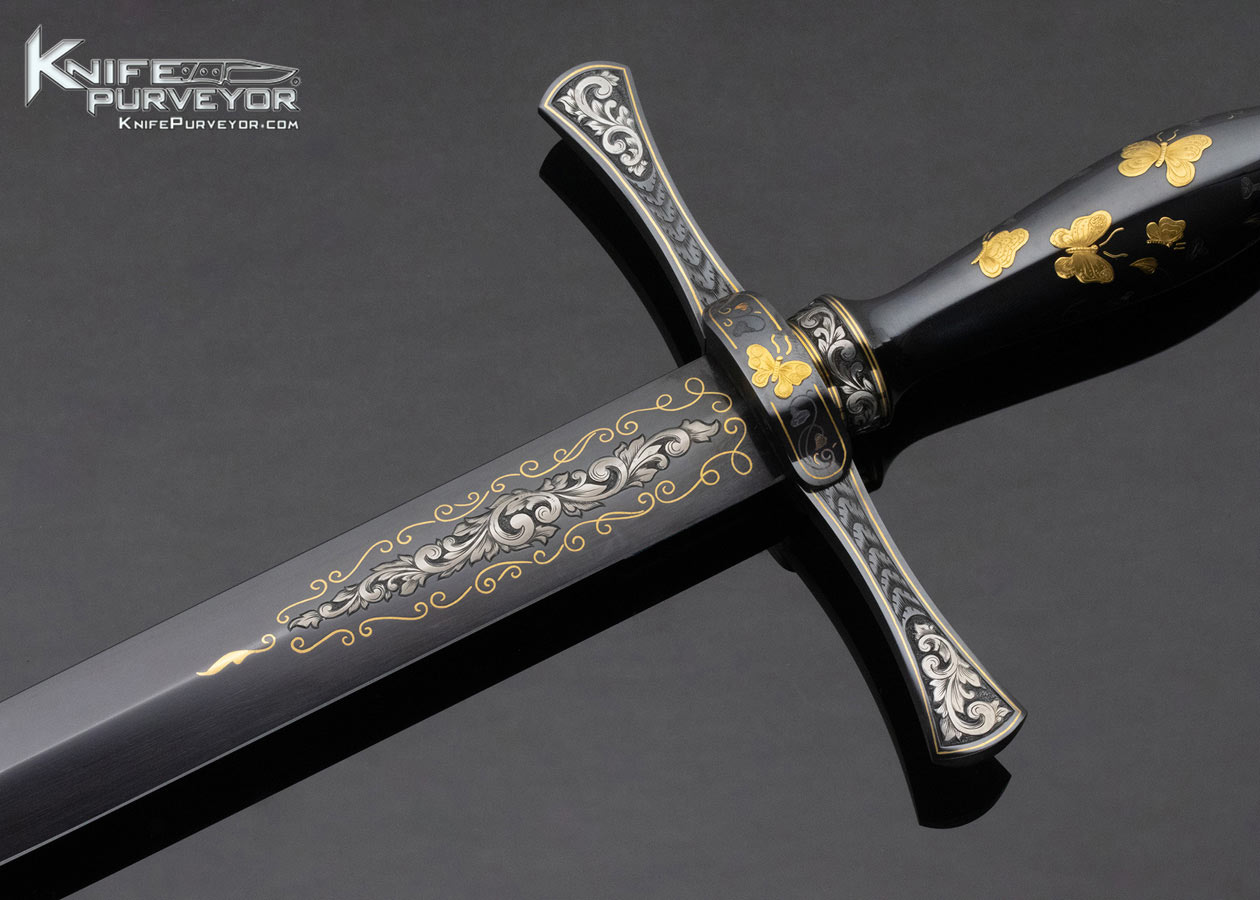 Dr. Fred Carter Custom Knife Sole Authorship Engraved Blued Steel Presentation Dagger with 24KT Gold Inlaid Butterflies - Image 2