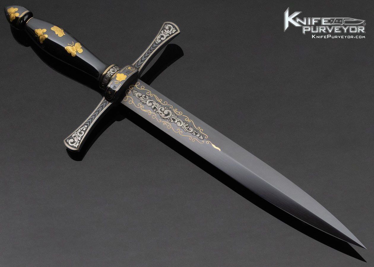 Dr. Fred Carter Custom Knife Sole Authorship Engraved Blued Steel Presentation Dagger with 24KT Gold Inlaid Butterflies - Image 3