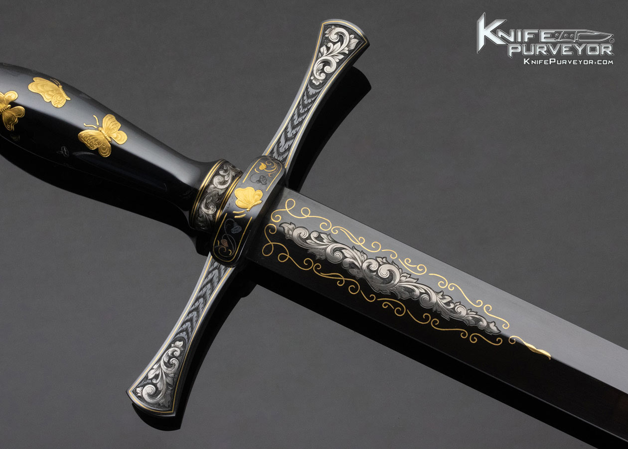 Dr. Fred Carter Custom Knife Sole Authorship Engraved Blued Steel Presentation Dagger with 24KT Gold Inlaid Butterflies - Image 4