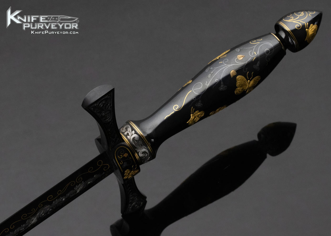 Dr. Fred Carter Custom Knife Sole Authorship Engraved Blued Steel Presentation Dagger with 24KT Gold Inlaid Butterflies (1) 12795